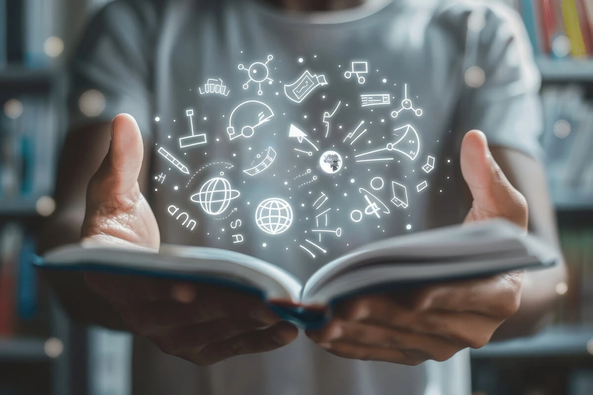 A learner exploring academic skills through an open book and educational symbols.